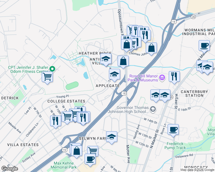 map of restaurants, bars, coffee shops, grocery stores, and more near 1417 Taney Avenue in Frederick
