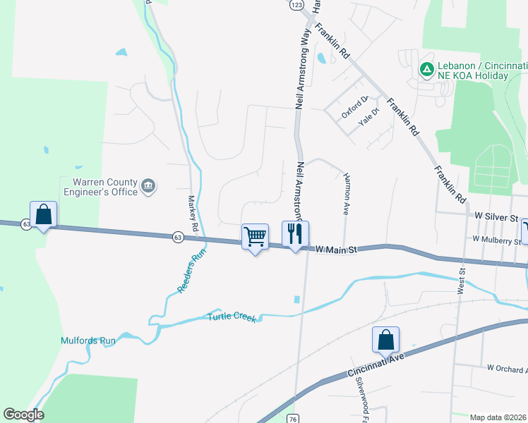 map of restaurants, bars, coffee shops, grocery stores, and more near 91 Rough Way in Lebanon