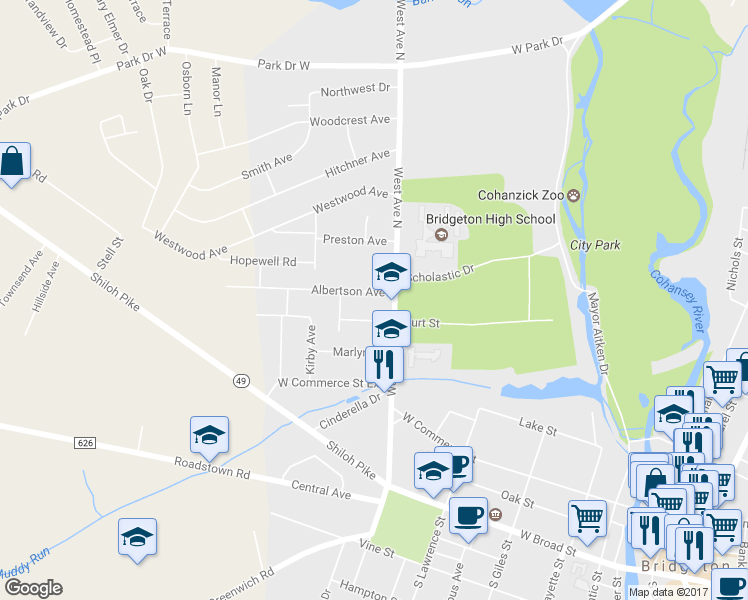 map of restaurants, bars, coffee shops, grocery stores, and more near 26 Albertson Avenue in Bridgeton