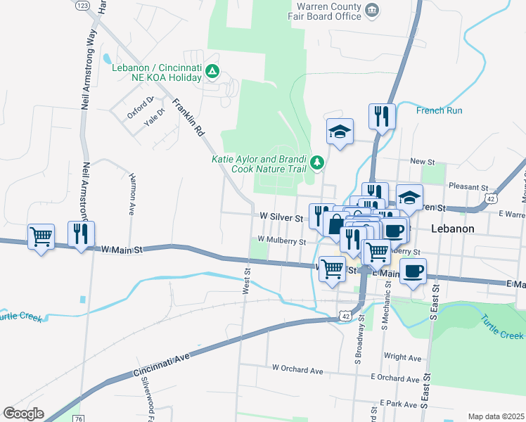 map of restaurants, bars, coffee shops, grocery stores, and more near 514 West Silver Street in Lebanon