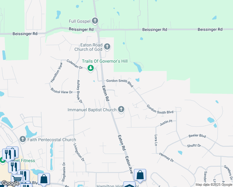 map of restaurants, bars, coffee shops, grocery stores, and more near 1812 Eaton Road in Hamilton