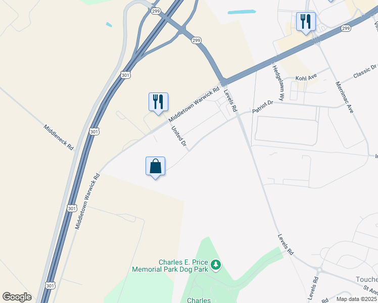 map of restaurants, bars, coffee shops, grocery stores, and more near Patriot Drive in Middletown