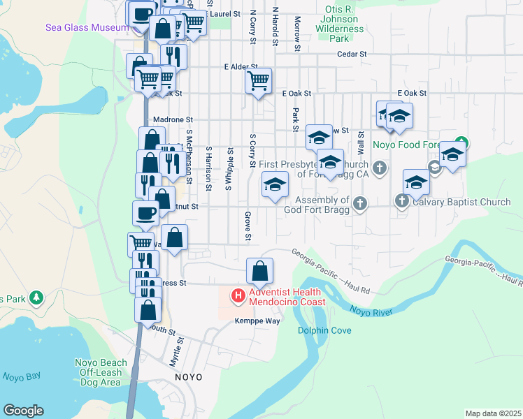 map of restaurants, bars, coffee shops, grocery stores, and more near 535 East Chestnut Street in Fort Bragg