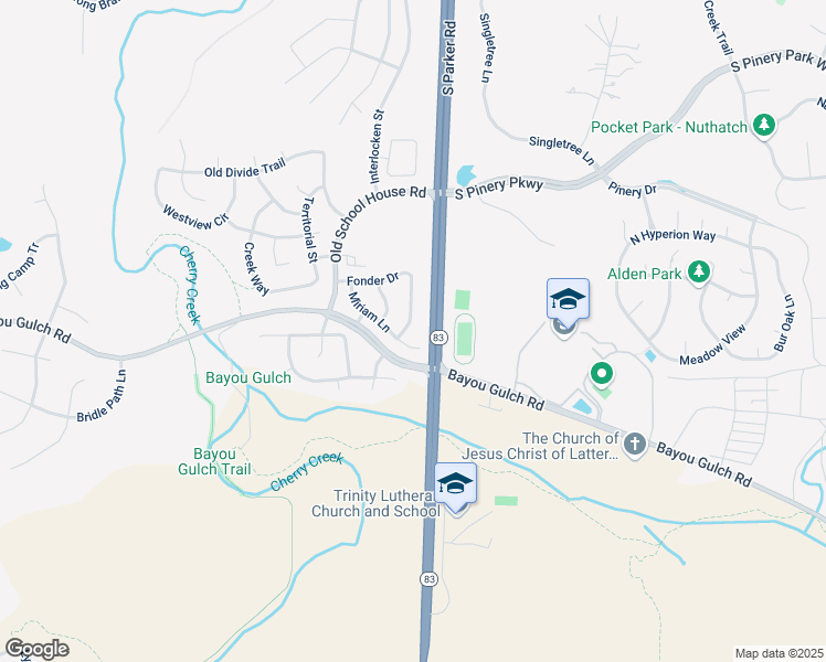 map of restaurants, bars, coffee shops, grocery stores, and more near 6722 Fonder Drive in Parker