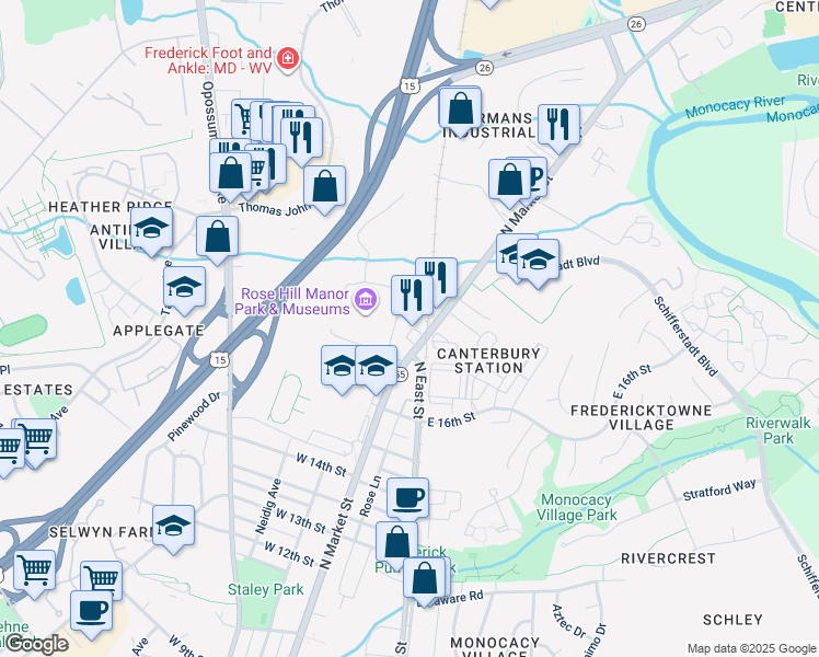 map of restaurants, bars, coffee shops, grocery stores, and more near 1707 North Market Street in Frederick