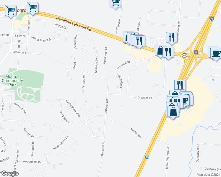 map of restaurants, bars, coffee shops, grocery stores, and more near 350 Gallaher Street in Monroe