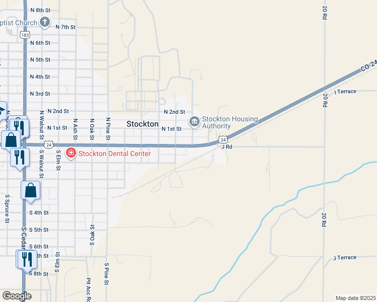 map of restaurants, bars, coffee shops, grocery stores, and more near 1307 Main Street in Stockton
