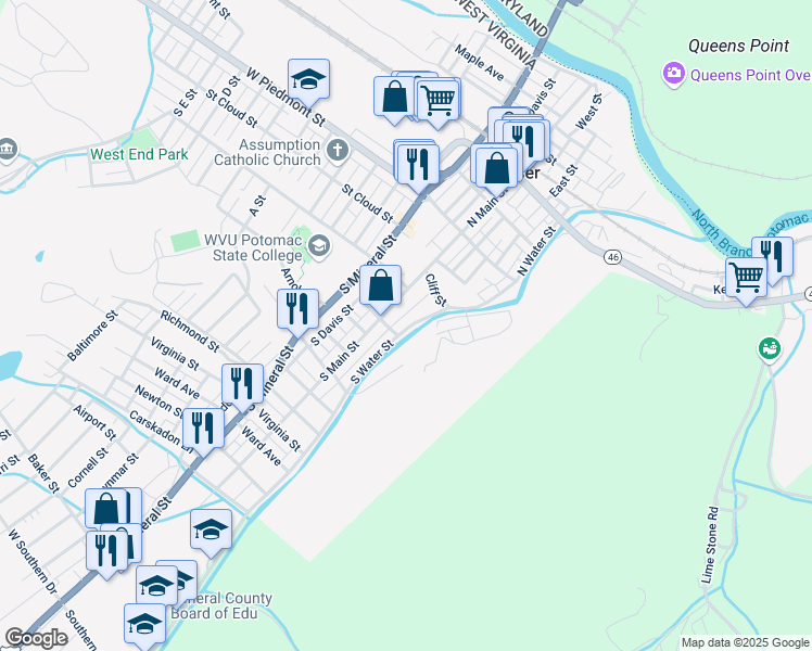map of restaurants, bars, coffee shops, grocery stores, and more near 164 South Water Street in Keyser