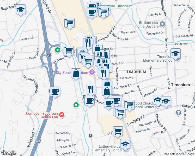 map of restaurants, bars, coffee shops, grocery stores, and more near 20 West Aylesbury Road in Timonium