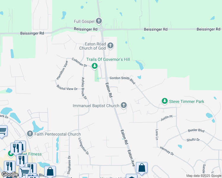 map of restaurants, bars, coffee shops, grocery stores, and more near 1800 Eaton Road in Hamilton