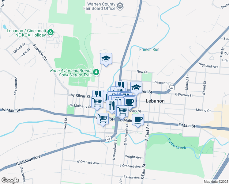 map of restaurants, bars, coffee shops, grocery stores, and more near 135 North Broadway Street in Lebanon