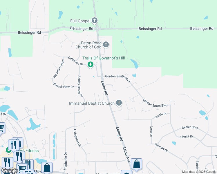 map of restaurants, bars, coffee shops, grocery stores, and more near 1800 Eaton Road in Hamilton