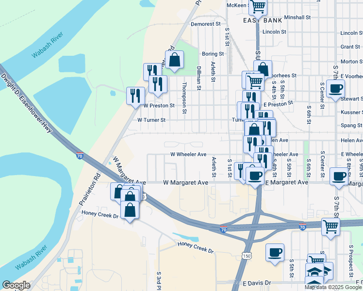 map of restaurants, bars, coffee shops, grocery stores, and more near 2800 Thompson Street in Terre Haute