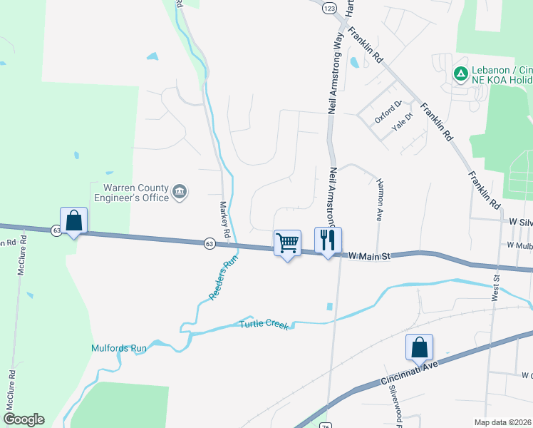 map of restaurants, bars, coffee shops, grocery stores, and more near 79 Rough Way in Lebanon