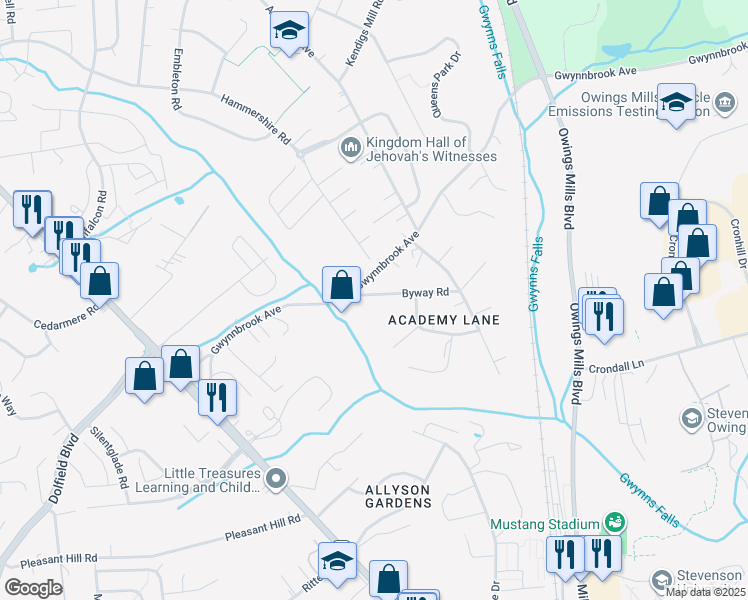 map of restaurants, bars, coffee shops, grocery stores, and more near 6 Byway Road in Owings Mills