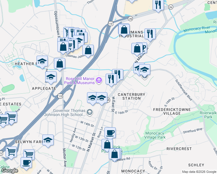 map of restaurants, bars, coffee shops, grocery stores, and more near 1707 North Market Street in Frederick