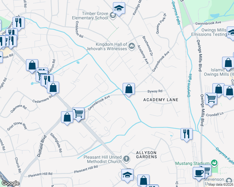 map of restaurants, bars, coffee shops, grocery stores, and more near 116 Gwynnbrook Avenue in Owings Mills
