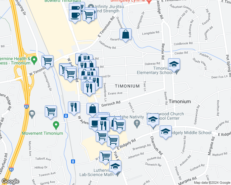 map of restaurants, bars, coffee shops, grocery stores, and more near 30 Evans Avenue in Lutherville-Timonium
