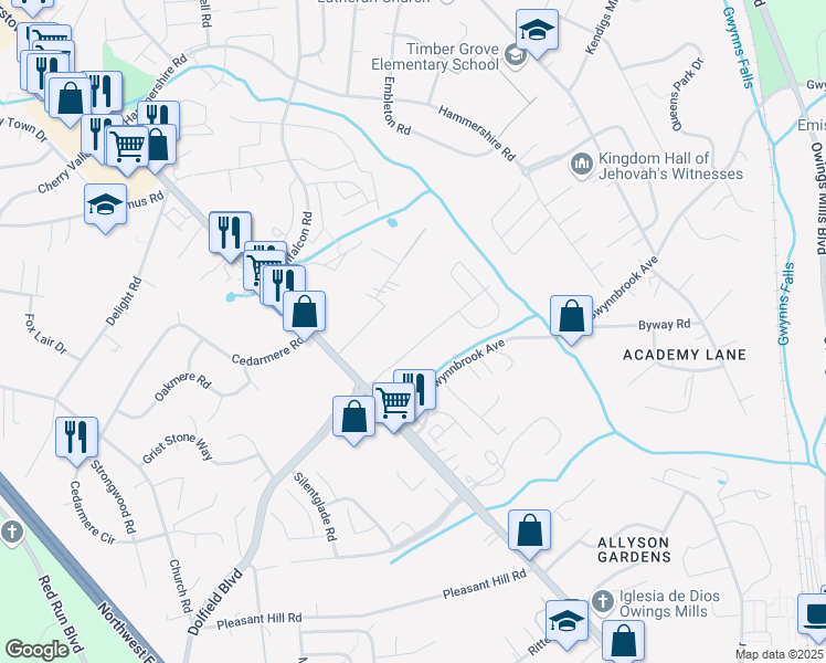 map of restaurants, bars, coffee shops, grocery stores, and more near 16 Richmar Road in Owings Mills