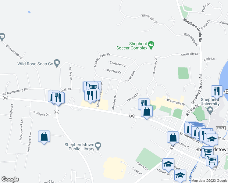 map of restaurants, bars, coffee shops, grocery stores, and more near 21 Ryan Court in Shepherdstown