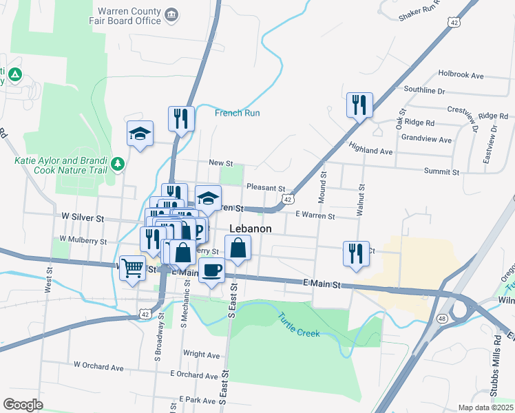 map of restaurants, bars, coffee shops, grocery stores, and more near 320 East Warren Street in Lebanon