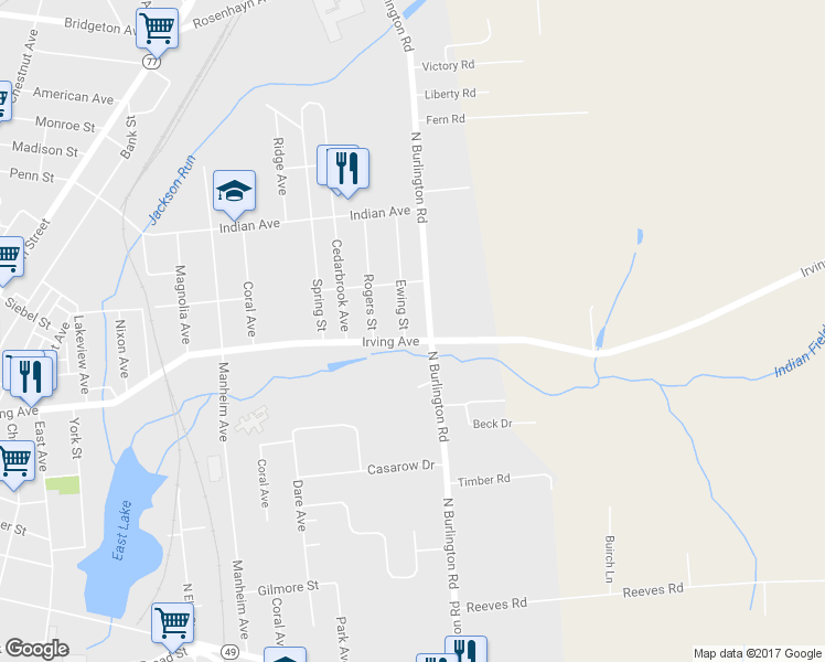 map of restaurants, bars, coffee shops, grocery stores, and more near 533 Irving Avenue in Bridgeton