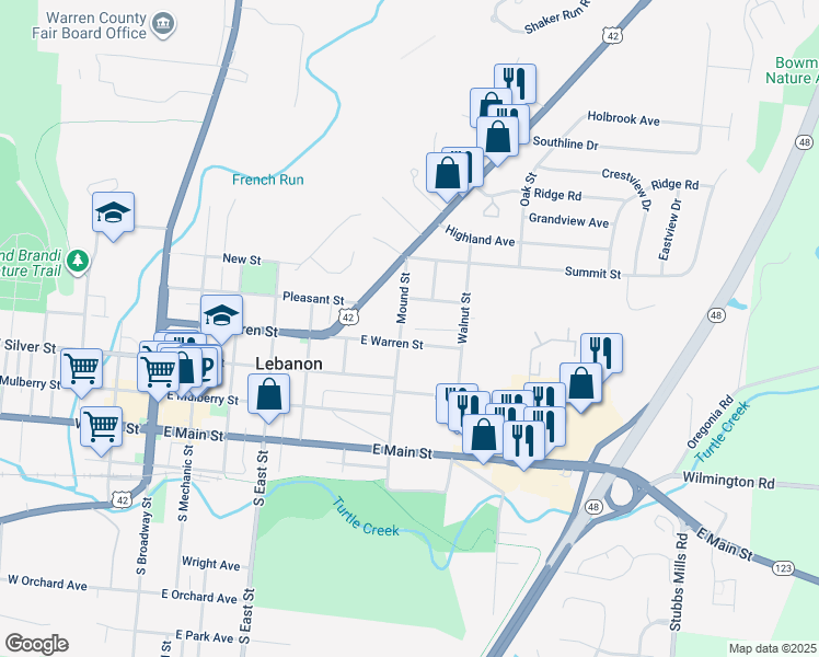 map of restaurants, bars, coffee shops, grocery stores, and more near 210 Mound Street in Lebanon