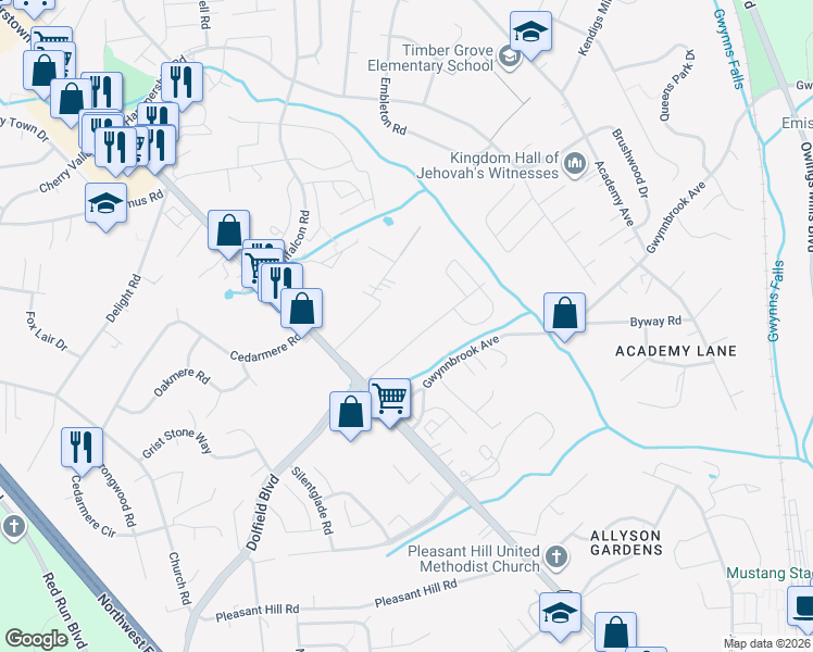 map of restaurants, bars, coffee shops, grocery stores, and more near 16 Richmar Road in Owings Mills