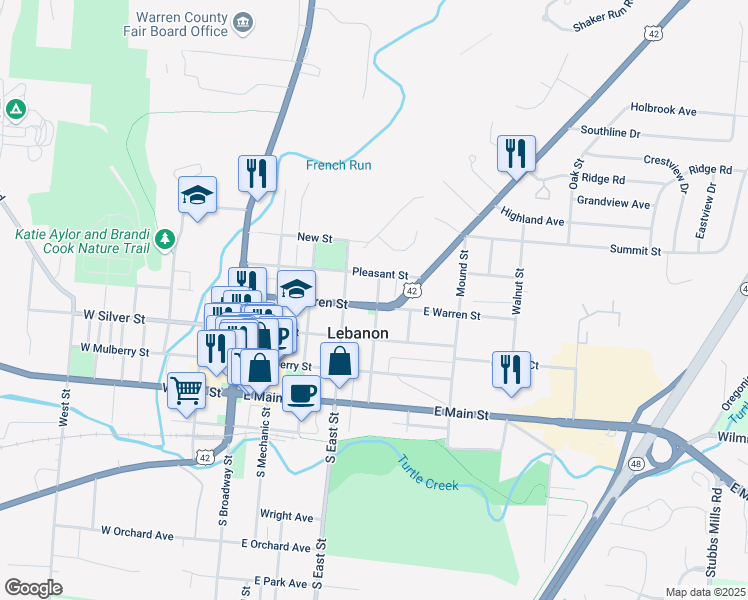 map of restaurants, bars, coffee shops, grocery stores, and more near 320 East Warren Street in Lebanon