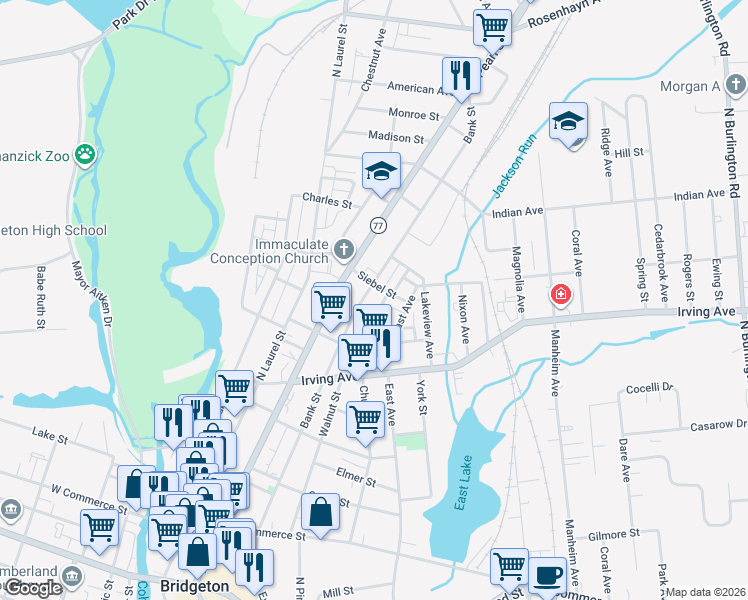 map of restaurants, bars, coffee shops, grocery stores, and more near 274 Walnut Street in Bridgeton
