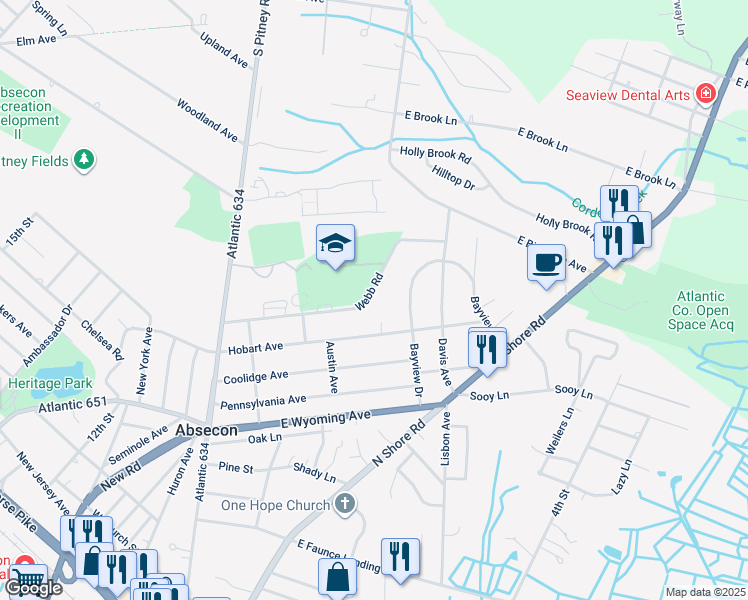 map of restaurants, bars, coffee shops, grocery stores, and more near 145 Webb Road in Absecon