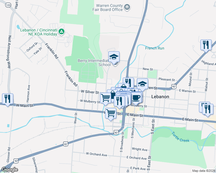map of restaurants, bars, coffee shops, grocery stores, and more near 105 North Water Street in Lebanon