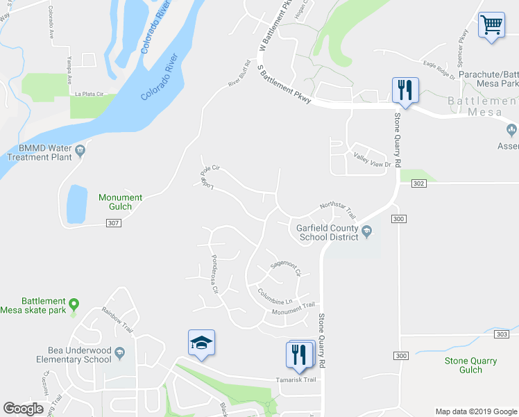 map of restaurants, bars, coffee shops, grocery stores, and more near 43 Snowberry Place in Parachute