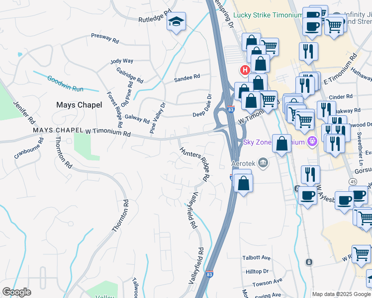 map of restaurants, bars, coffee shops, grocery stores, and more near 207 Hunters Ridge Road in Lutherville-Timonium