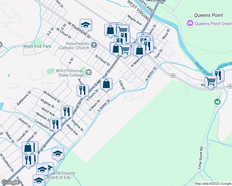 map of restaurants, bars, coffee shops, grocery stores, and more near 164 South Water Street in Keyser
