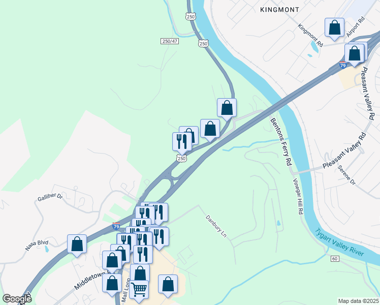 map of restaurants, bars, coffee shops, grocery stores, and more near 225 Fairmont Ave in Fairmont