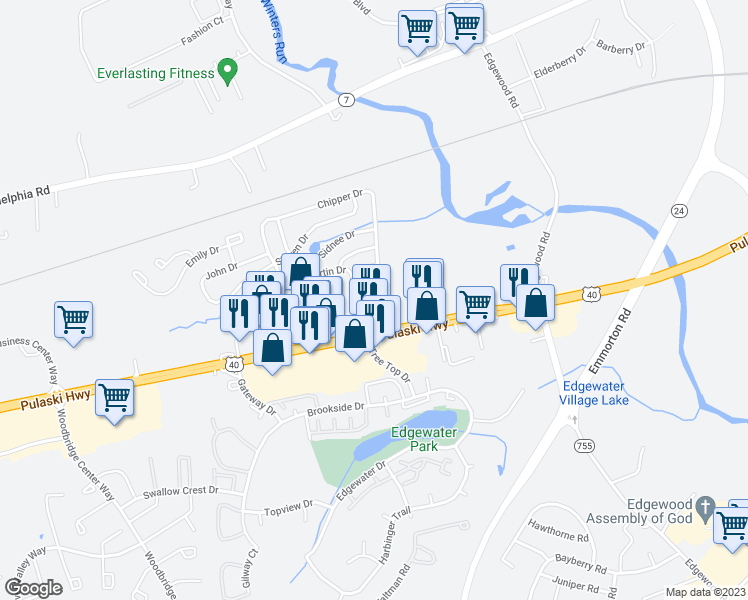 map of restaurants, bars, coffee shops, grocery stores, and more near 1113 Chipper Drive in Edgewood