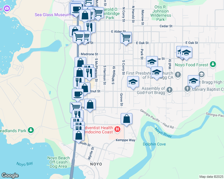 map of restaurants, bars, coffee shops, grocery stores, and more near 499 South Whipple Street in Fort Bragg