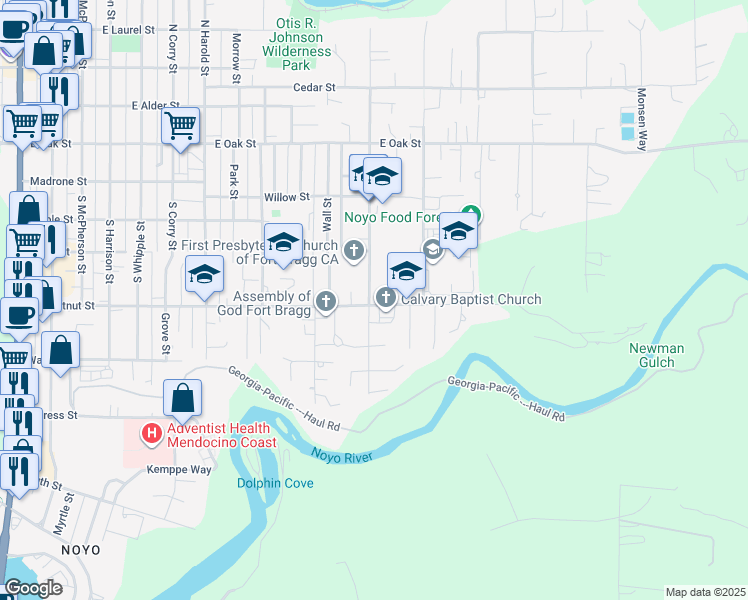 map of restaurants, bars, coffee shops, grocery stores, and more near 1109 East Chestnut Street in Fort Bragg