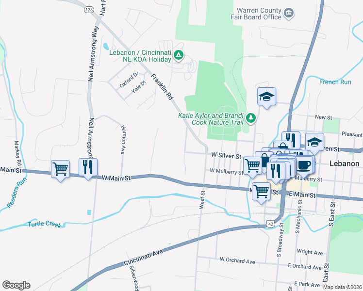 map of restaurants, bars, coffee shops, grocery stores, and more near 105 Farview Ave in Lebanon