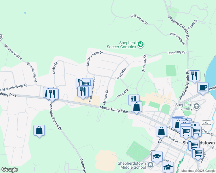 map of restaurants, bars, coffee shops, grocery stores, and more near 1009 Maddex Drive in Shepherdstown