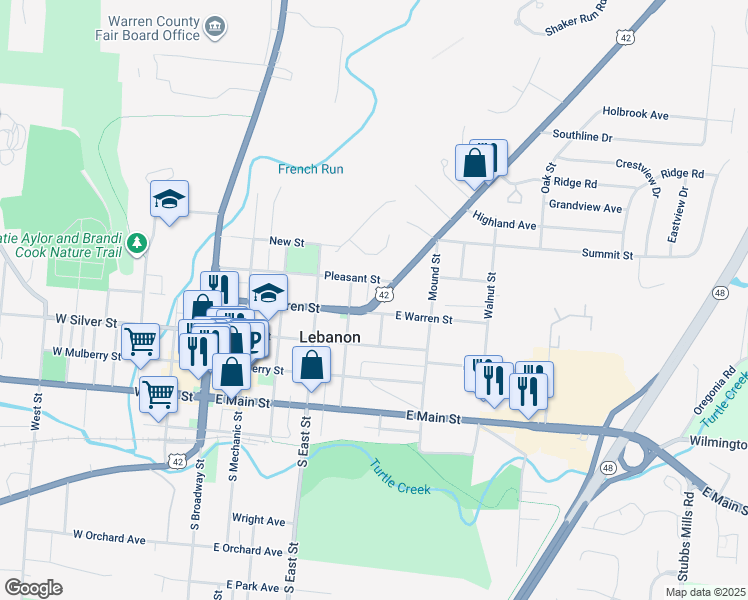 map of restaurants, bars, coffee shops, grocery stores, and more near 205 Columbus Avenue in Lebanon