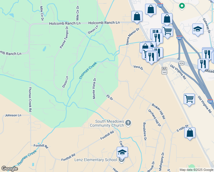 map of restaurants, bars, coffee shops, grocery stores, and more near 1400 Eli Drive in Reno