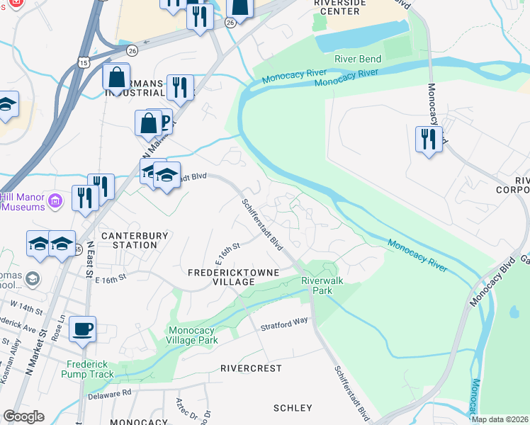 map of restaurants, bars, coffee shops, grocery stores, and more near 1602 Berry Rose Court in Frederick