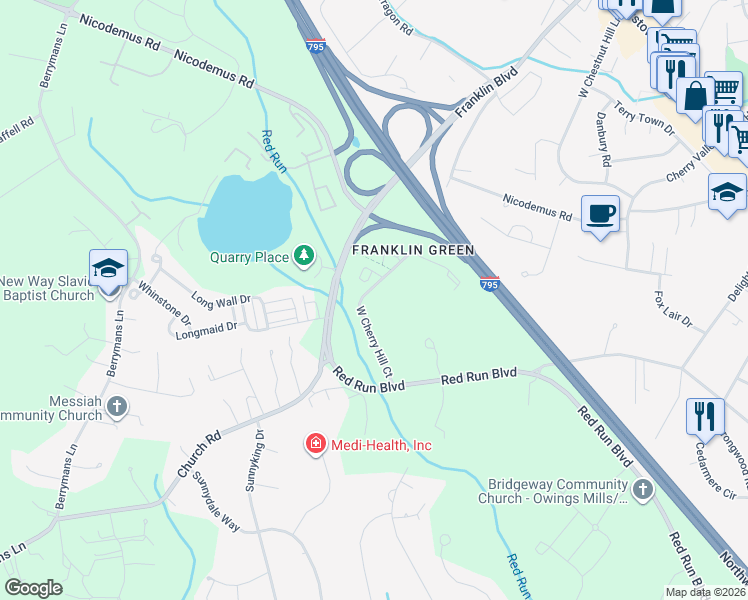 map of restaurants, bars, coffee shops, grocery stores, and more near 301 West Cherry Hill Court in Reisterstown