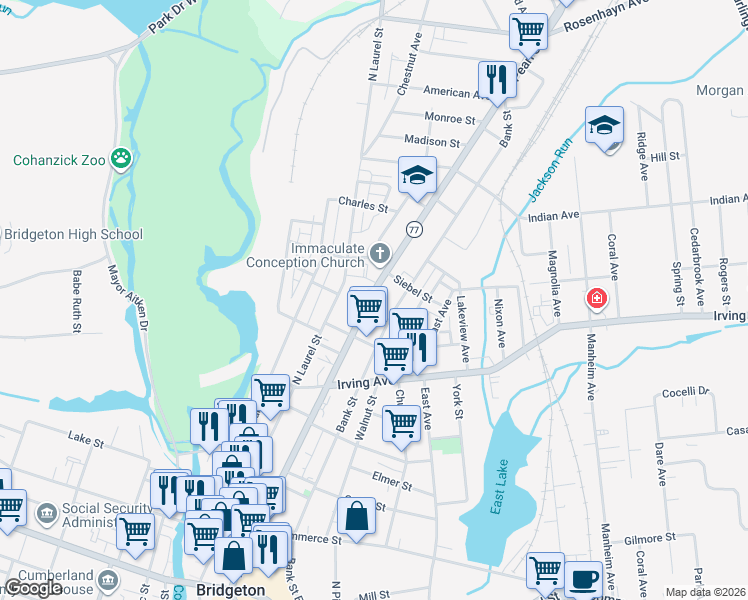 map of restaurants, bars, coffee shops, grocery stores, and more near 279 North Pearl Street in Bridgeton