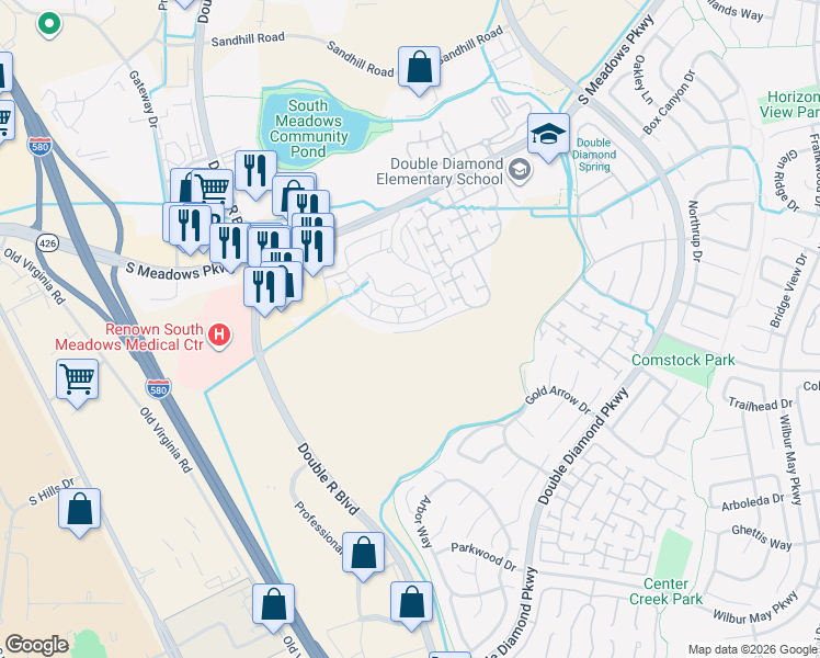 map of restaurants, bars, coffee shops, grocery stores, and more near 900 South Meadows Parkway in Reno