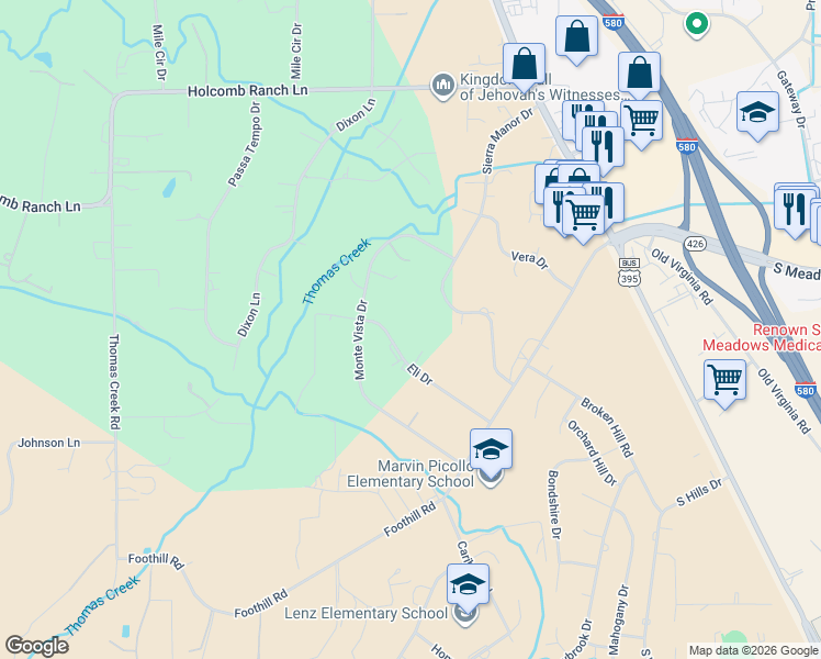 map of restaurants, bars, coffee shops, grocery stores, and more near 1400 Eli Drive in Reno