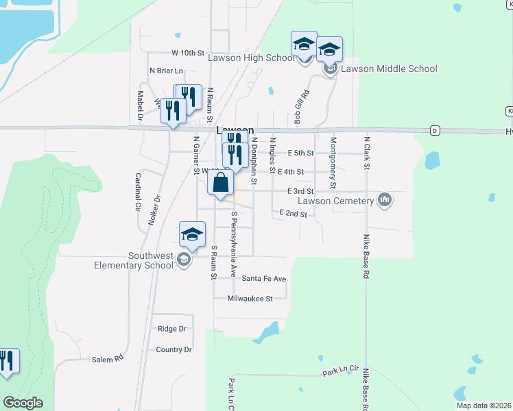 map of restaurants, bars, coffee shops, grocery stores, and more near 208 East 3rd Street in Lawson