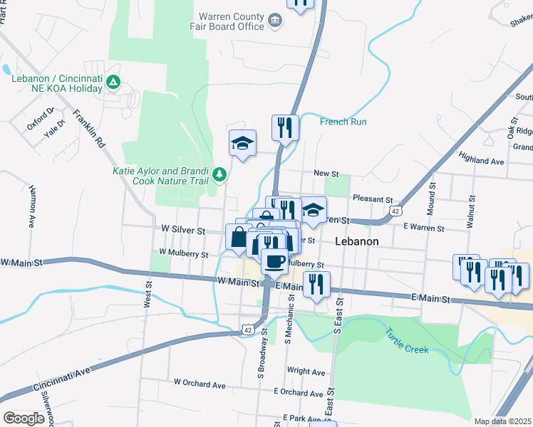 map of restaurants, bars, coffee shops, grocery stores, and more near 135 North Broadway Street in Lebanon